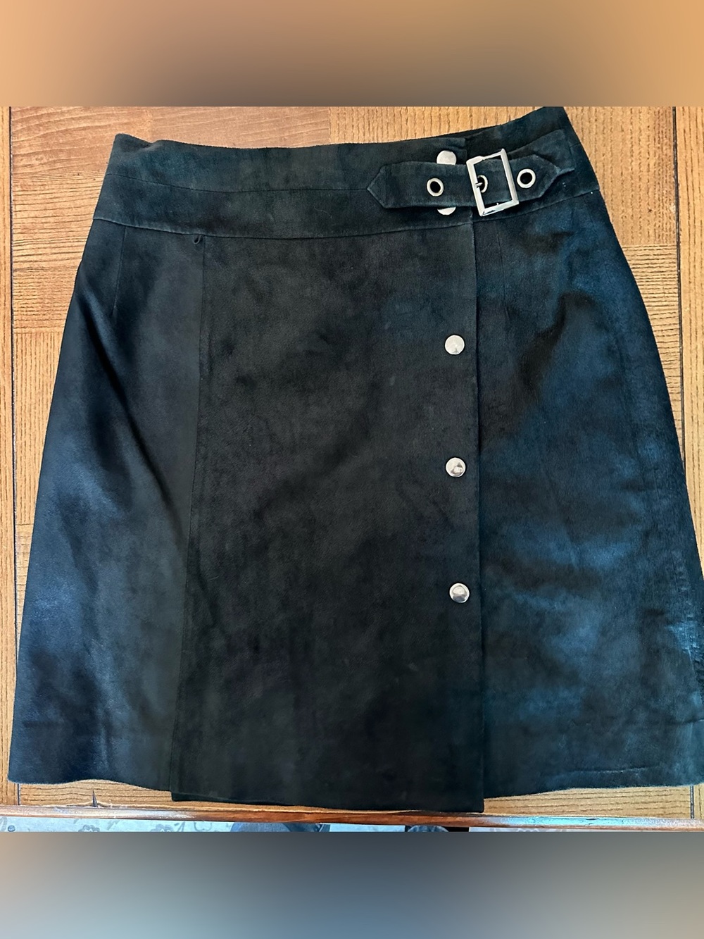 Faux Suede Black Mini Skirt with Buckle Waist Detail fabric leather